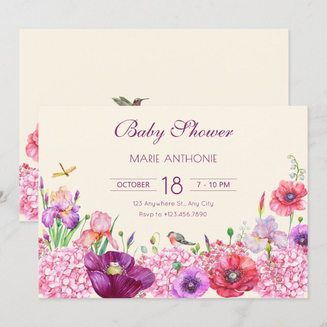 Watercolor floral branch bird nature baby shower invitation (Front/Back)