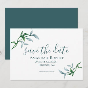 Watercolor Floral Branches, Blue, Green, Wedding Save The Date