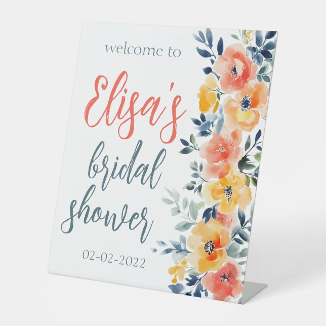 Watercolor Floral Bridal Shower CUSTOM  Pedestal Sign (Front)