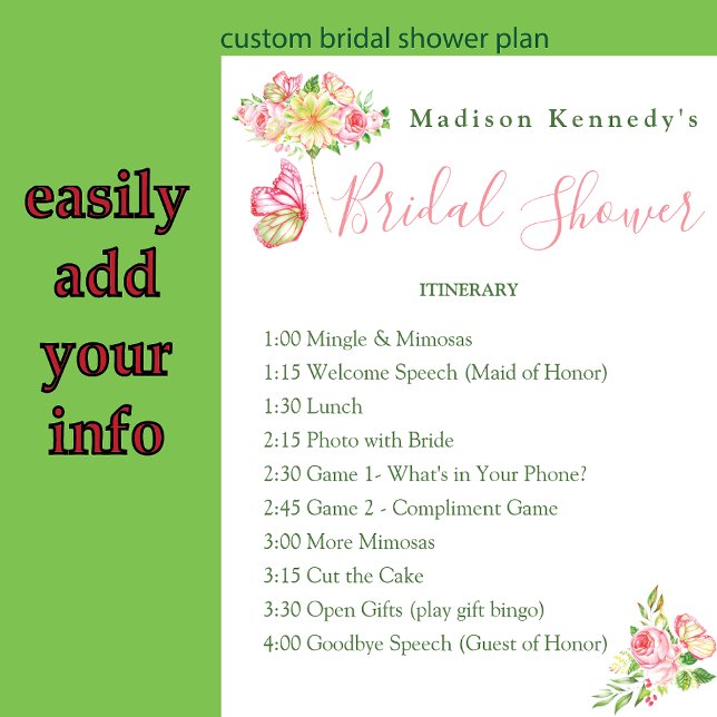 Watercolor Floral Bridal Shower Itinerary 🌸 Plan  Poster (Creator Uploaded)