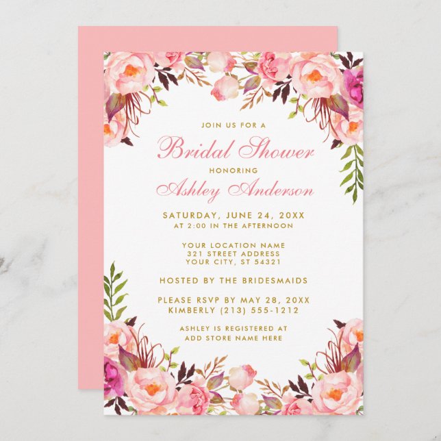 Watercolor Floral Bridal Shower Pink and Gold Invitation (Front/Back)