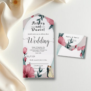 Watercolor Floral Bride And Groom Elegant Wedding All In One Invitation
