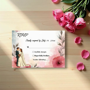 Watercolor Floral Bride And Groom Elegant Wedding RSVP Card
