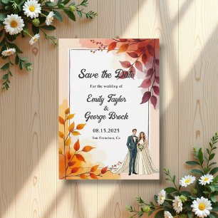 Watercolor Floral Bride And Groom Fall Wedding Save The Date