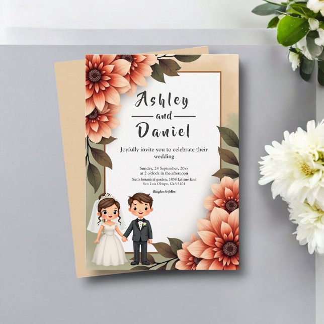 Watercolor Floral Bride And Groom Romantic Wedding Invitation (Creator Uploaded)