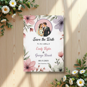 Watercolor Floral Bride And Groom Romantic Wedding Save The Date