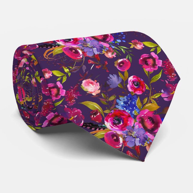 Watercolor Floral Bright Colours Flower Pattern  Tie (Rolled)