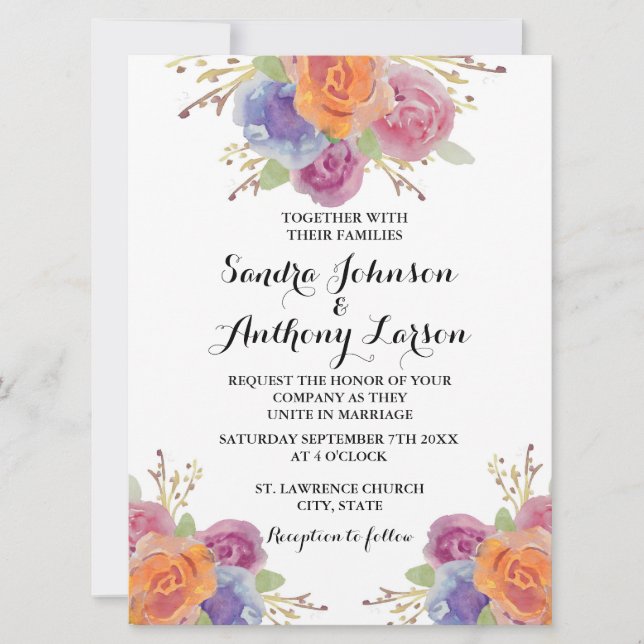 Watercolor Floral Bright Wedding invitation (Front)
