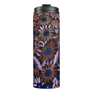 Watercolor floral brown flowers camomile black dar thermal tumbler