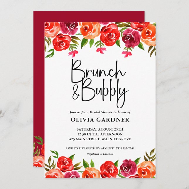 Watercolor Floral Brunch and Bubbly Bridal Shower Invitation (Front/Back)