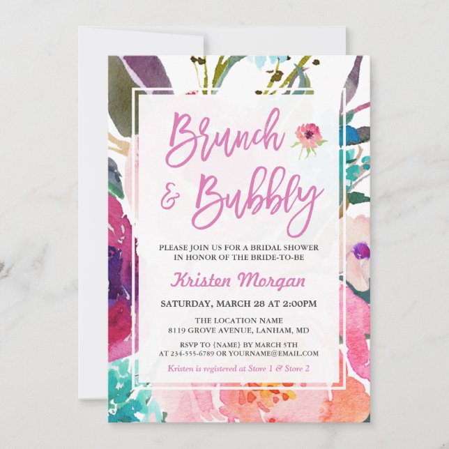 Watercolor Floral Brunch and Bubbly Bridal Shower Invitation (Front)