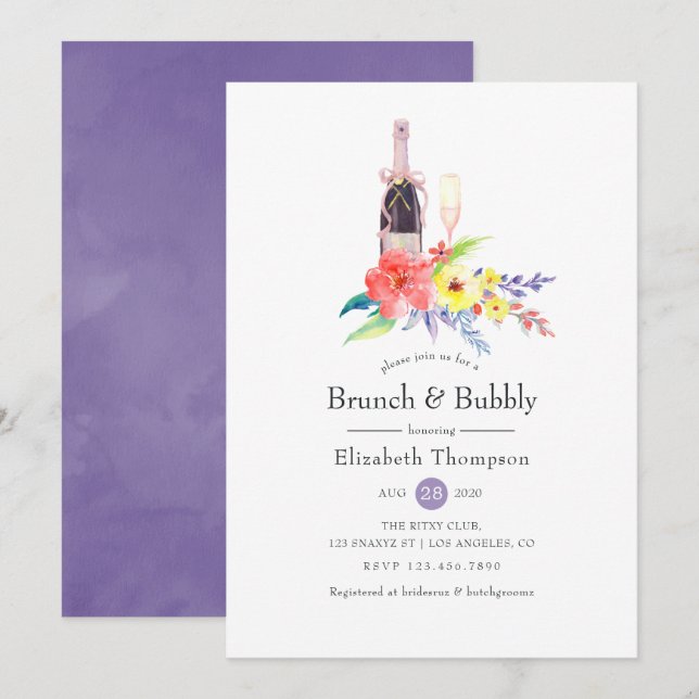 Watercolor Floral Brunch and Bubbly Bridal Shower Invitation (Front/Back)