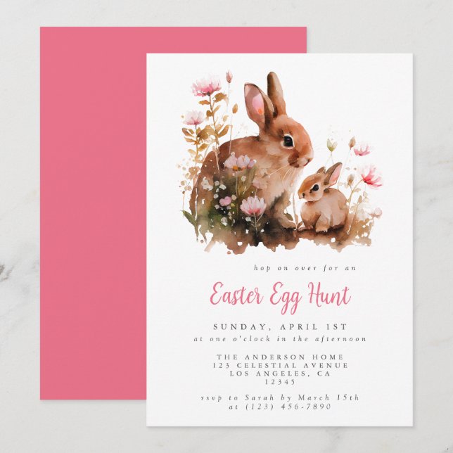 Watercolor Floral Bunny Easter Egg Hunt Invitation (Front/Back)