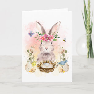 Watercolor Floral Bunny Rabbit Greeting Card