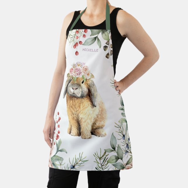 Watercolor Floral Bunny Rabbit Personalised Name Apron (Insitu)