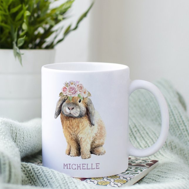 Watercolor Floral Bunny Rabbit Personalised Name Coffee Mug (Creator Uploaded)