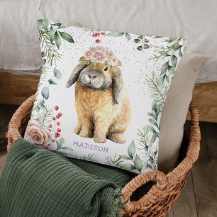 Watercolor Floral Bunny Rabbit Personalised Name Cushion