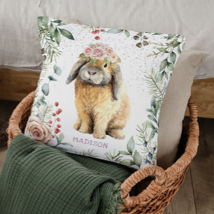 Watercolor Floral Bunny Rabbit Personalised Name Cushion