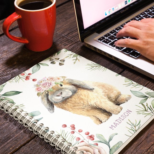 Watercolor Floral Bunny Rabbit Personalised Name Notebook (Creator Uploaded)