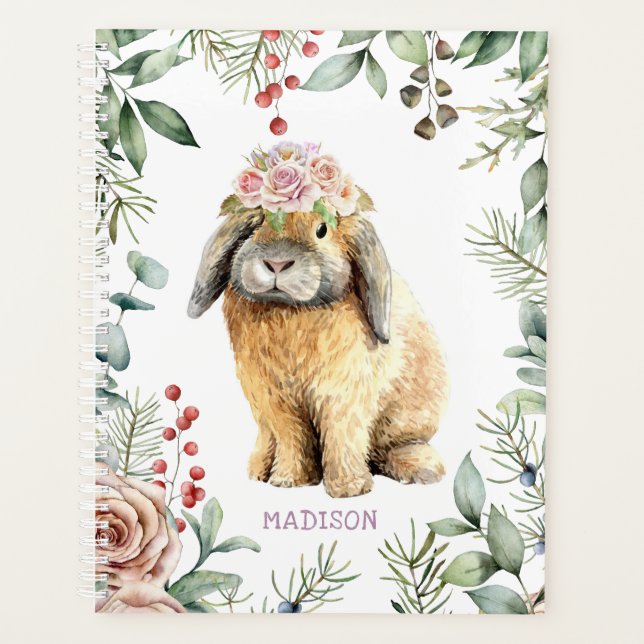 Watercolor Floral Bunny Rabbit Personalised Name Planner (Front)