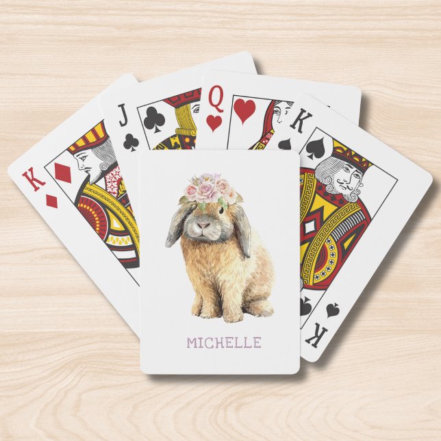 Watercolor Floral Bunny Rabbit Personalised Name Playing Cards (Creator Uploaded)