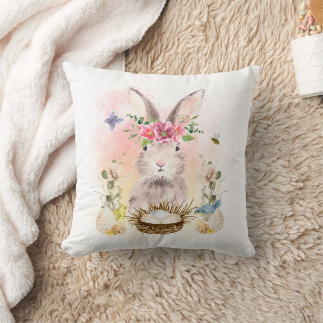Watercolor Floral Bunny Rabbit Throw Pillow (Blanket)