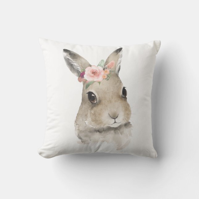 Watercolor Floral Bunny Rabbit Woodland Animal Cushion (Front)