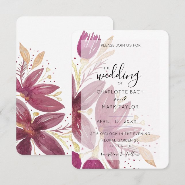 Watercolor Floral Burgundy and Gold Invi Invitation (Front/Back)