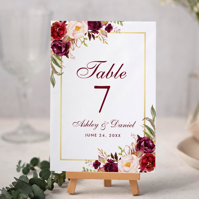 Watercolor Floral Burgundy and Gold Wedding Table Number (Burgundy Floral and Gold Table Number Card.)