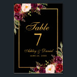 Watercolor Floral Burgundy Black Gold Wedding Table Number<br><div class="desc">Watercolor Floral Burgundy Black & Gold Wedding Table Card</div>