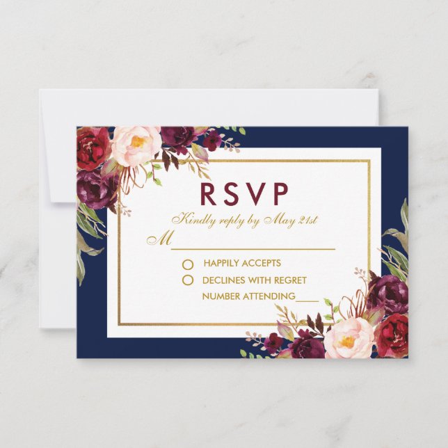 Watercolor Floral Burgundy Blue Gold Wedding RSVP Card (Front)