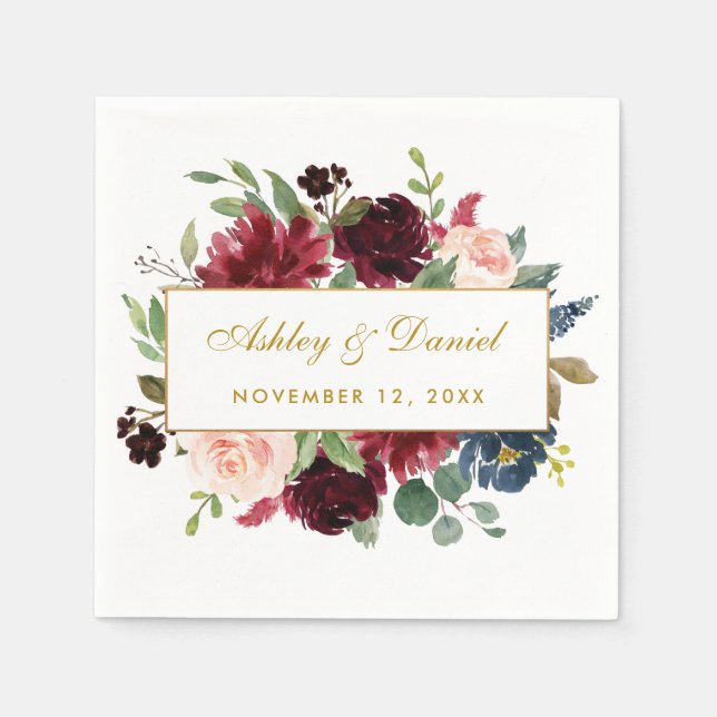 Watercolor Floral Burgundy Blue Gold Wedding White Napkin (Front)