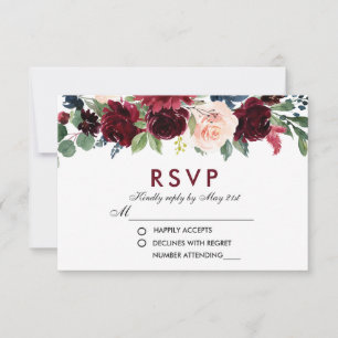 Watercolor Floral Burgundy Blue Wedding RSVP B Card