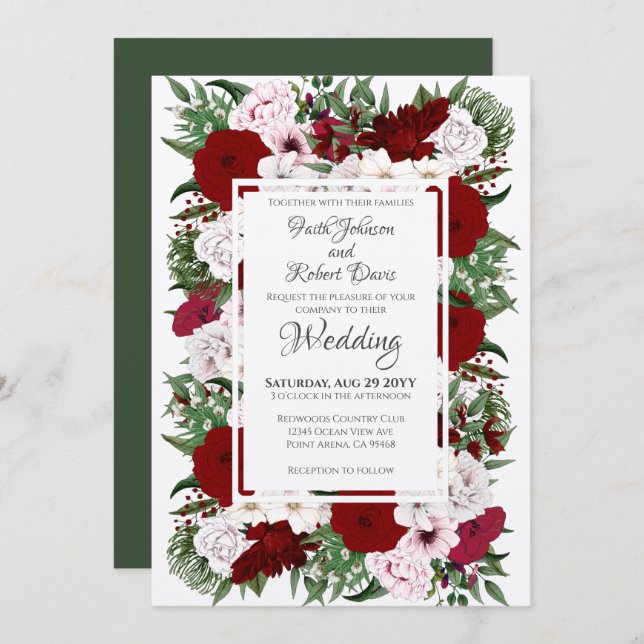 Watercolor Floral Burgundy Blush Green Wedding Invitation (Front/Back)