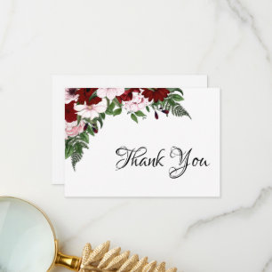 Watercolor Floral Burgundy Blush White Greenery Thank You Card