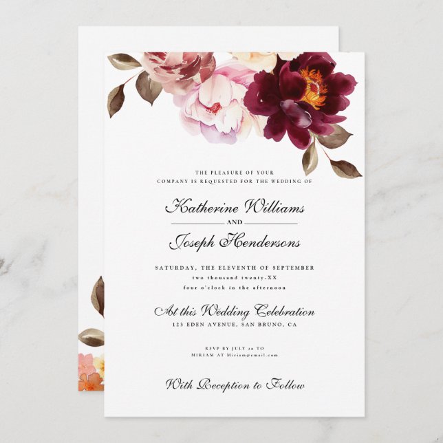 Watercolor Floral Burgundy Bouquet Romance Wedding Invitation (Front/Back)