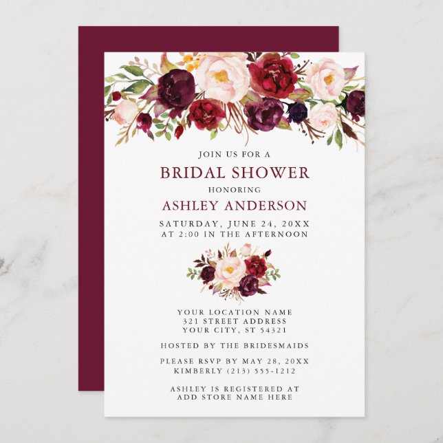 Watercolor Floral Burgundy Bridal Shower Invitation (Front/Back)