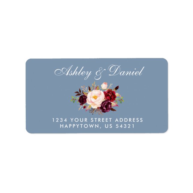 Watercolor Floral Burgundy Dusty Blue Wedding Label (Front)