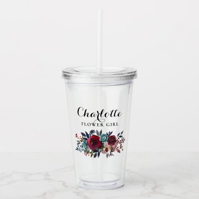 Watercolor Floral Burgundy Flower Girl Wedding Acrylic Tumbler (Front)