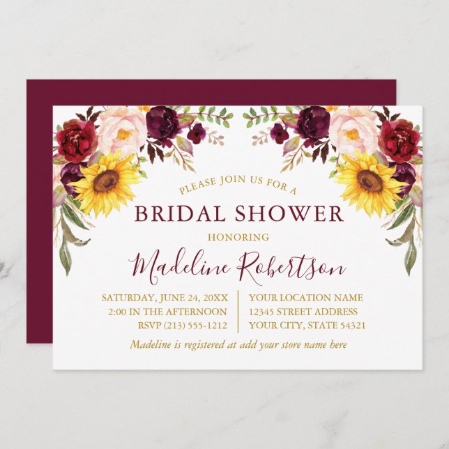 Watercolor Floral Burgundy Gold Bridal Shower Invitation (Front/Back)