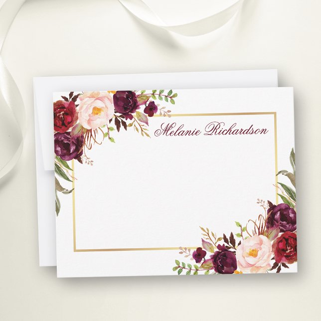 Watercolor Floral Burgundy Gold Frame Personalised Card (Customize to change text size, color, style or to add more text to front or back of card.)