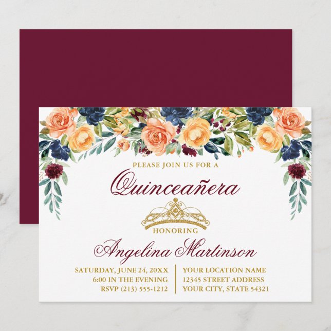 Watercolor Floral Burgundy Gold Quinceanera Party Invitation (Front/Back)