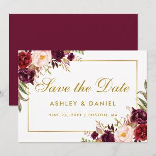 Watercolor Floral Burgundy Gold Save The Date GB