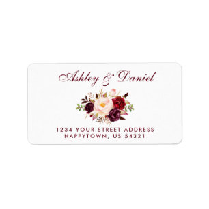 Watercolor Floral Burgundy Gold Wedding Address BW Label
