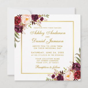 Watercolor Floral Burgundy Gold Wedding Card S
