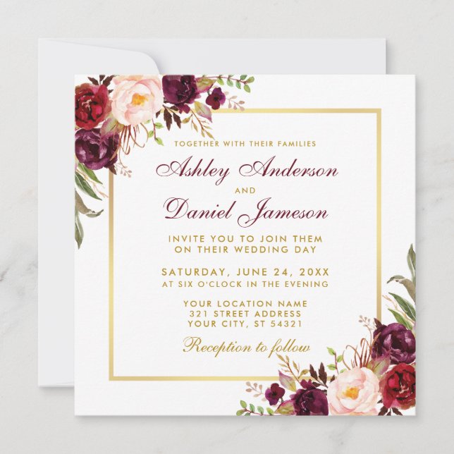 Watercolor Floral Burgundy Gold Wedding Card SB (Front)