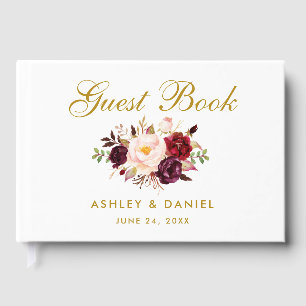 Watercolor Floral Burgundy Gold Wedding Guest Book