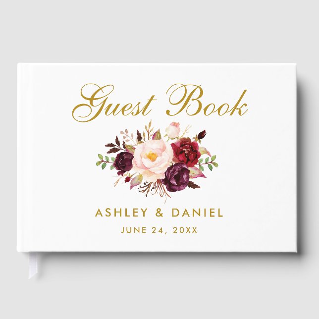 Watercolor Floral Burgundy Gold Wedding Guest Book (Front)