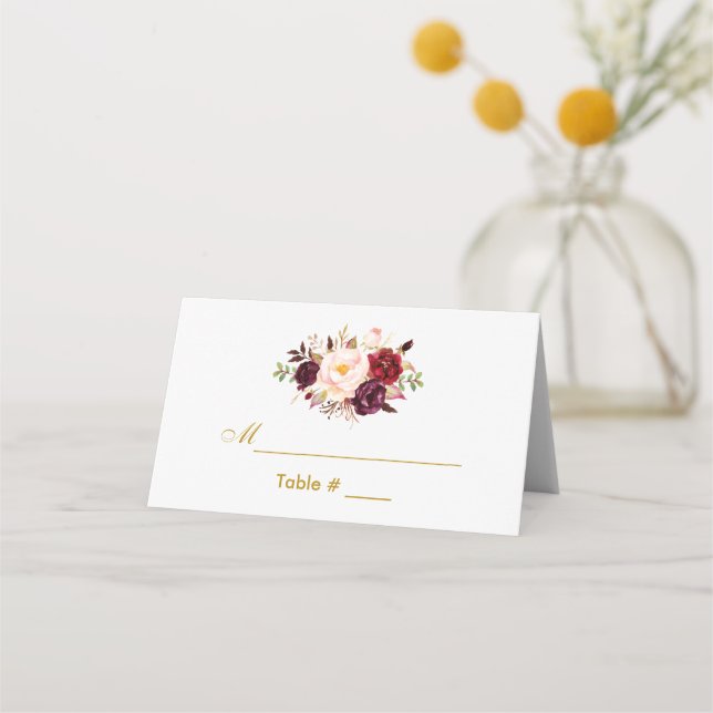 Watercolor Floral Burgundy Gold Wedding Place Card (Front)