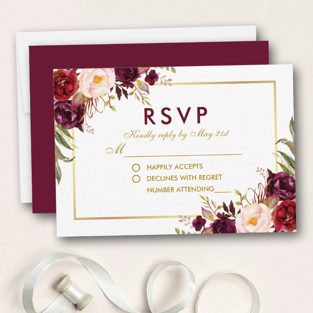 Watercolor Floral Burgundy Gold Wedding RSVP BG (Customize to change text color, style, add text & photos to back or change color of back of card.)